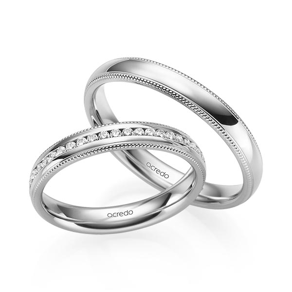 Set Klassieke Memoire-trouwringen in witgoud 14 kt. half gezet met in totaal 0,192 ct. Briljant tw/si van acredo
