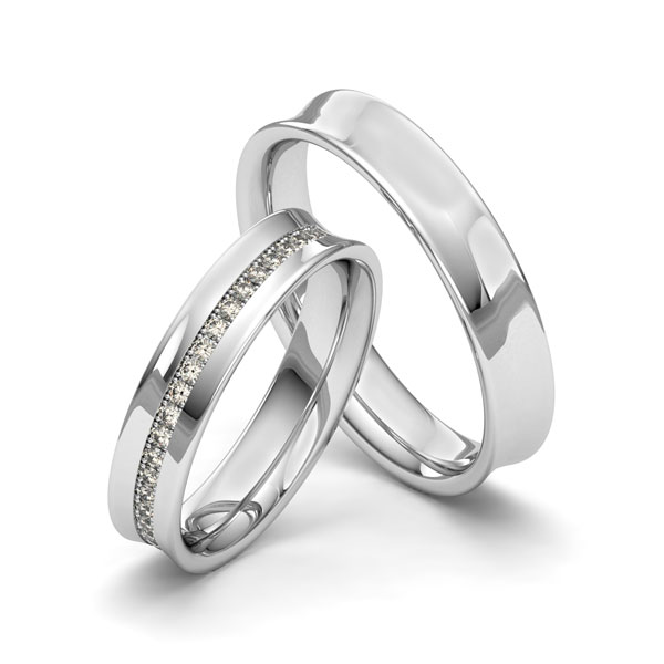 Set klassieke Memoire-trouwringen in witgoud 14 kt. half gezet met in totaal 0,22 ct. Briljant tw/si van Merii