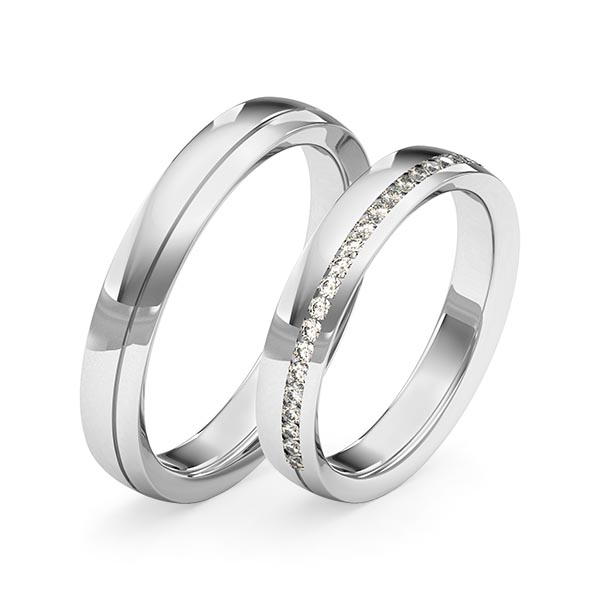Set klassieke Memoire-trouwringen in witgoud 14 kt. half gezet met in totaal 0,22 ct. Briljant tw/si van Merii
