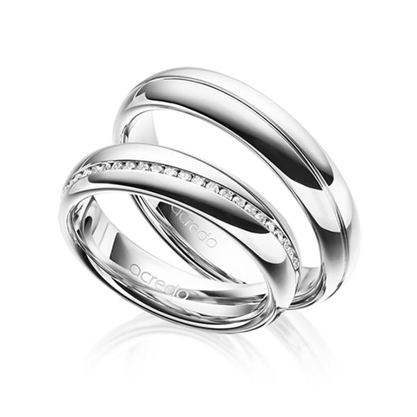 Set Klassieke Memoire-trouwringen in witgoud 14 kt. half gezet met in totaal 0,2 ct. Briljant tw/si van acredo