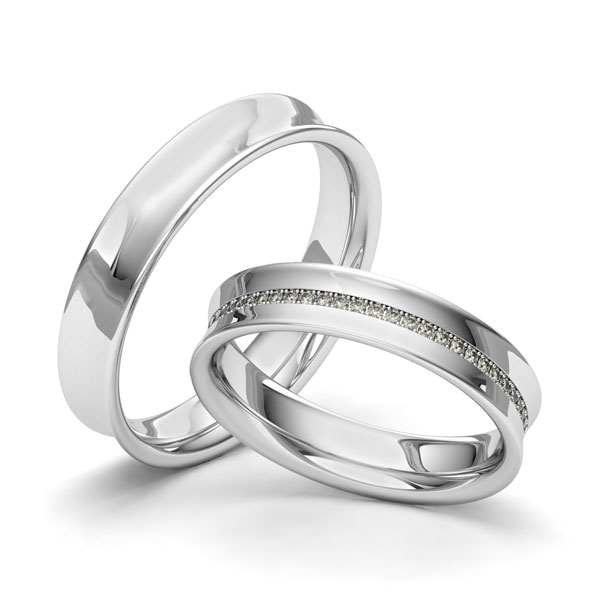 Set klassieke Memoire-trouwringen in witgoud 14 kt. volledig gezet met in totaal 0,28 ct. Briljant tw/si van Merii