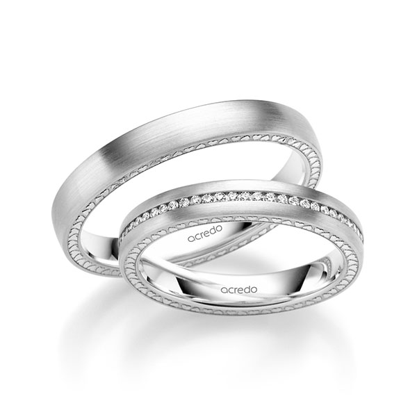 Set Klassieke Memoire-trouwringen in witgoud 14 kt. volledig gezet met in totaal 0,295 ct. Briljant tw/si van acredo