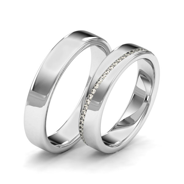 Set klassieke Memoire-trouwringen in witgoud 14 kt. volledig gezet met in totaal 0,29 ct. Briljant tw/si van Merii