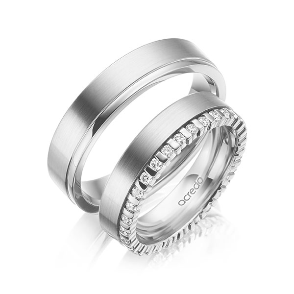 Set Klassieke Memoire-trouwringen in witgoud 14 kt. volledig gezet met in totaal 0,465 ct. tw/si van acredo - A-2105-2 Set Klassieke Memoire-trouwringen in witgoud 14 kt. volledig gezet met in totaal 0,465 ct. tw/si van acredo - A-2105-2