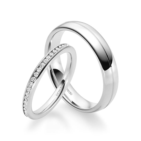 Set klassieke Memoire-trouwringen in witgoud 14 kt. volledig gezet met in totaal 0,46 ct. Briljant tw/si van acredo - A-1681-1