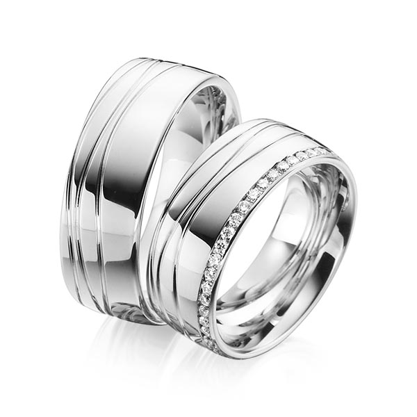Set Klassieke Memoire-trouwringen in witgoud 14 kt. volledig gezet met in totaal 0,48 ct. Briljant tw/si van Steinberg