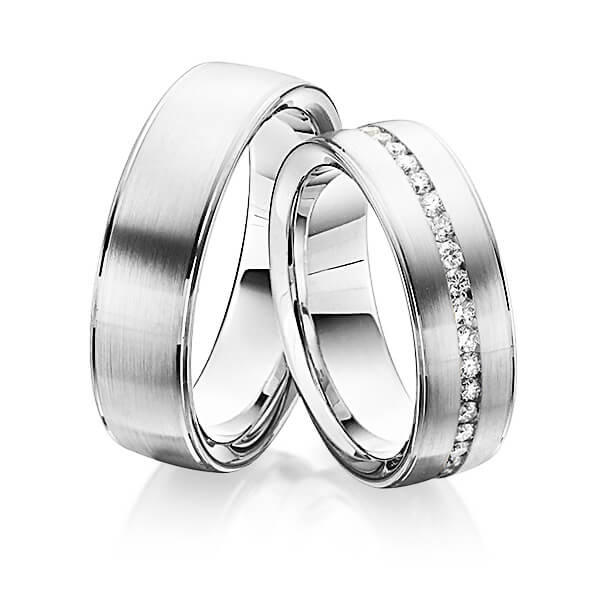 Set Klassieke Memoire-trouwringen in witgoud 14 kt. volledig gezet met in totaal 0,74 ct. Briljant tw/si van Steinberg
