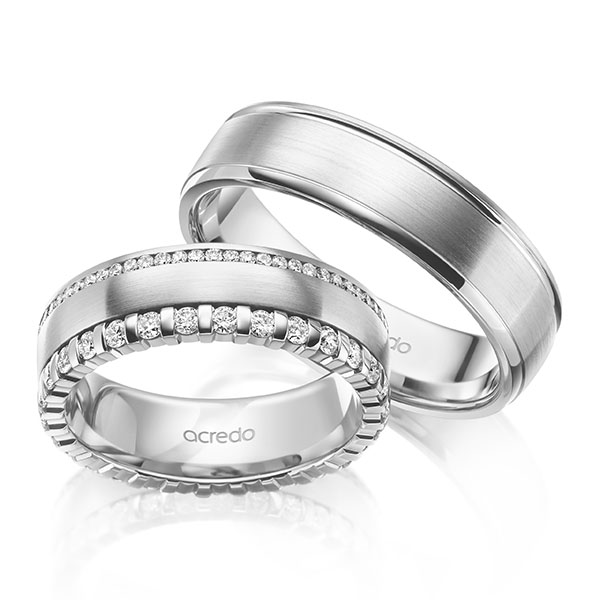 Set Klassieke Memoire-trouwringen in witgoud 14 kt. volledig gezet met in totaal 0,85 ct. Briljant tw/si van acredo