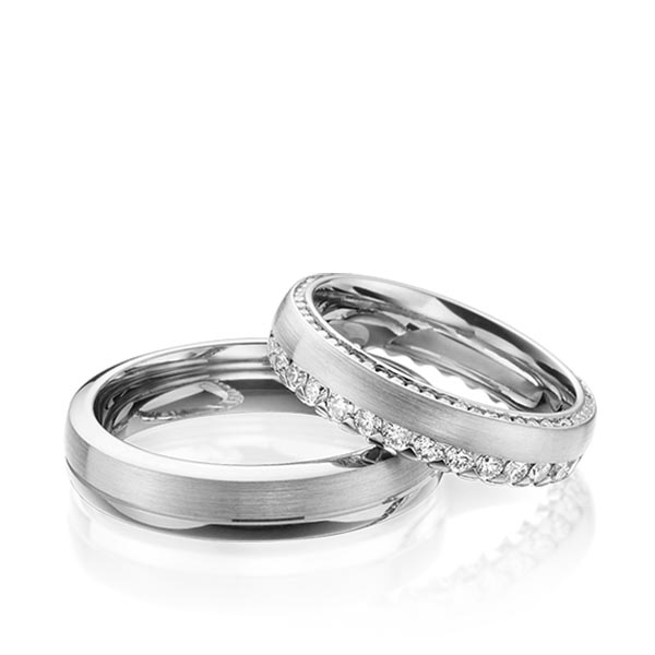 Set Klassieke Memoire-trouwringen in witgoud 14 kt. volledig gezet met in totaal 1,265 ct. Briljant tw/si van Steinberg