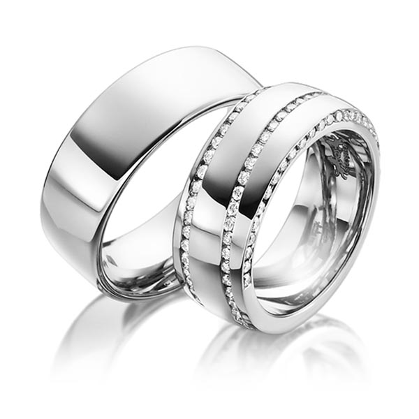 Set klassieke Memoire-trouwringen in witgoud 14 kt. volledig gezet met in totaal 1,31 ct. Briljant tw/si van Steinberg