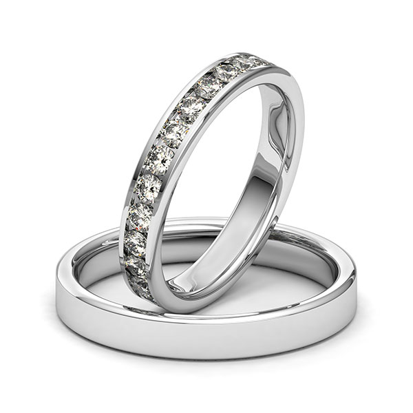 Set klassieke Memoire-trouwringen in witgoud 14 kt. volledig gezet met in totaal 1,3 ct. Briljant tw/si van Merii