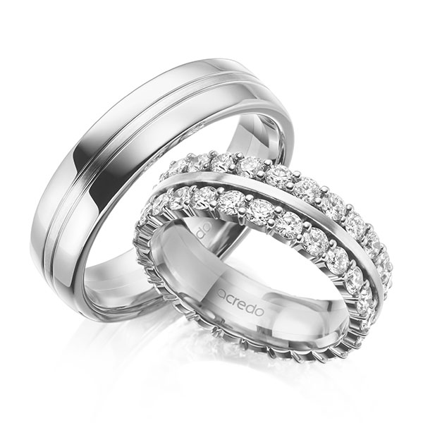 Set Klassieke Memoire-trouwringen in witgoud 14 kt. volledig gezet met in totaal 2,5 ct. tw/si van acredo