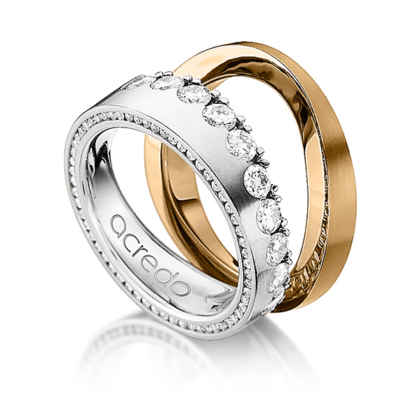 Set klassieke Memoire-trouwringen in witgoud 18 kt. half gezet met in totaal 1,385 ct. Briljant tw/si van acredo