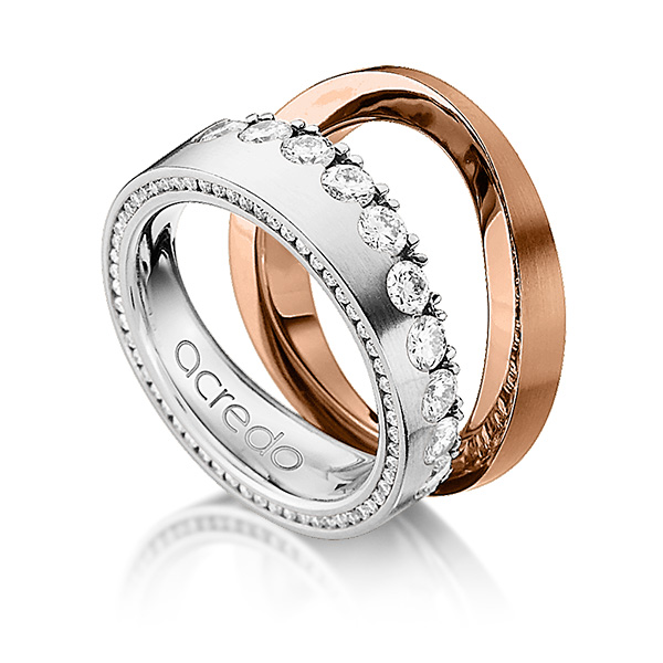 Set klassieke Memoire-trouwringen in witgoud 18 kt. half gezet met in totaal 1,385 ct. Briljant tw/si van acredo