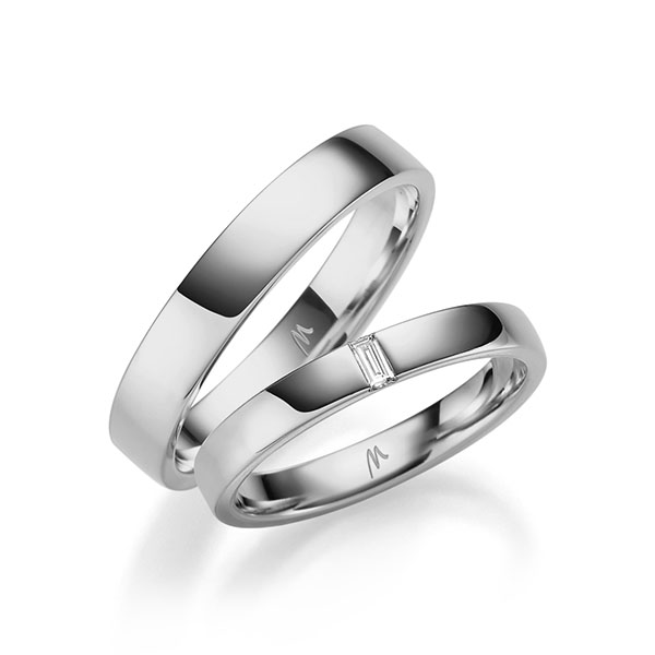 Set klassieke trouwringen in 600 Platinahoudend metaal (60%) met in totaal 0,05 ct. Baguette-Diamant tw,vs van Merii