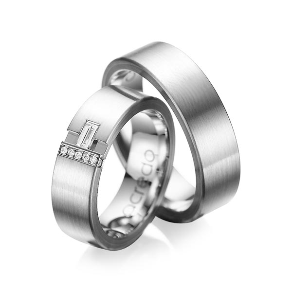 Set klassieke trouwringen in buiten grijsgoud 14 kt. , binnen grijsgoud 14 kt. met in totaal 0,155 ct. Baguette-Diamant & Briljant tw,vs tw/si van acredo - A-1066-10