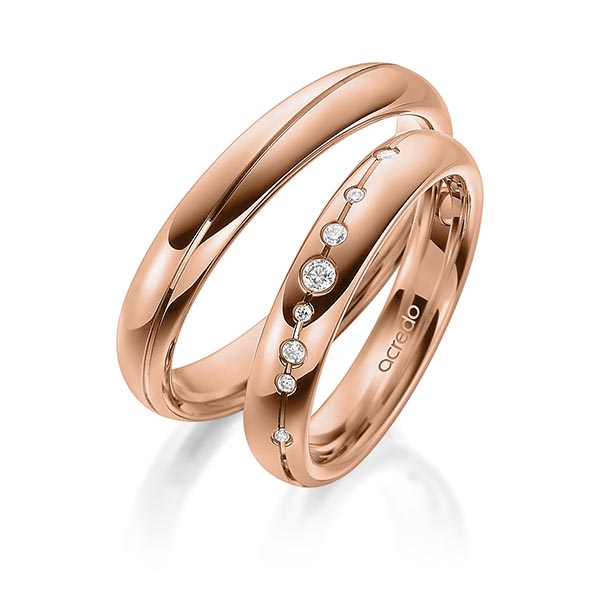 Set Klassieke trouwringen in buiten roodgoud 14 kt. , binnen roodgoud 14 kt. met in totaal 0,08 ct. Briljant tw/si van acredo