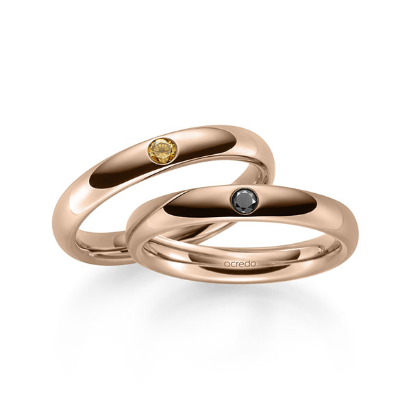 Set klassieke trouwringen in buiten roodgoud 14 kt. , binnen roodgoud 14 kt. met in totaal 0,12 ct. Briljant Zwart Cognac van acredo