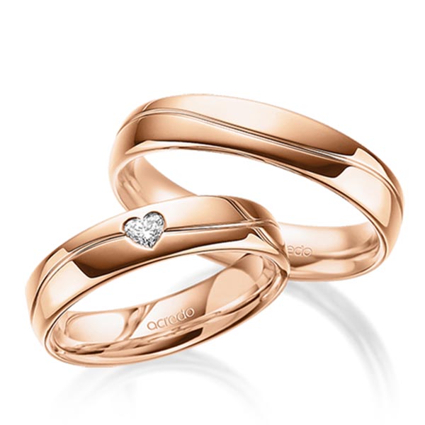 Set Klassieke trouwringen in buiten roodgoud 14 kt. , binnen roodgoud 14 kt. met in totaal 0,1 ct. Hart-Diamant tw,vs van acredo