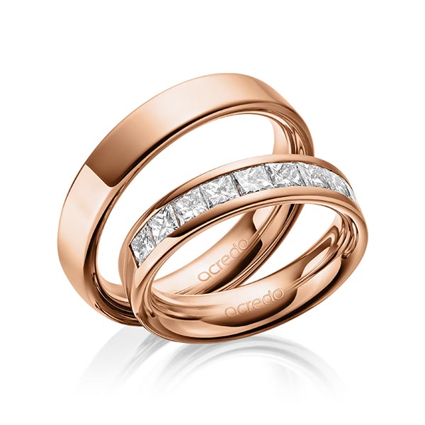 Set klassieke trouwringen in buiten roodgoud 14 kt. , binnen roodgoud 14 kt. met in totaal 1,2 ct. Princess-Diamant tw/si van acredo
