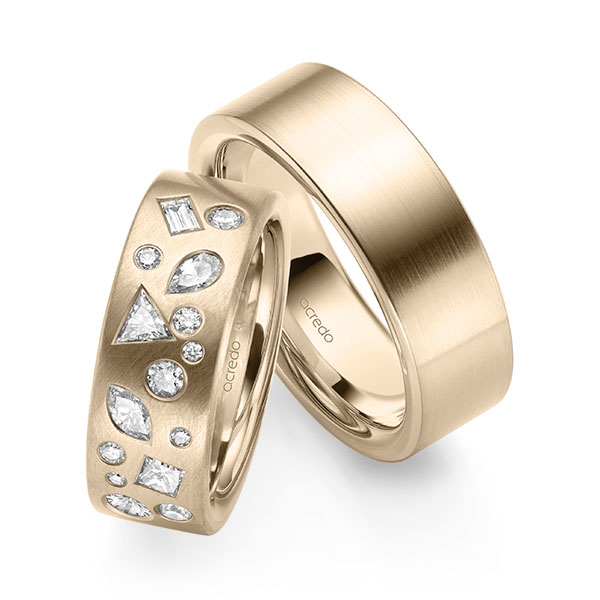 Set klassieke trouwringen in buiten Signature Goud 585 , binnen Signature Goud 585 met in totaal 0,9 ct. Princess-Diamant & Baguette-Diamant & Briljant tw/si tw,vs van acredo