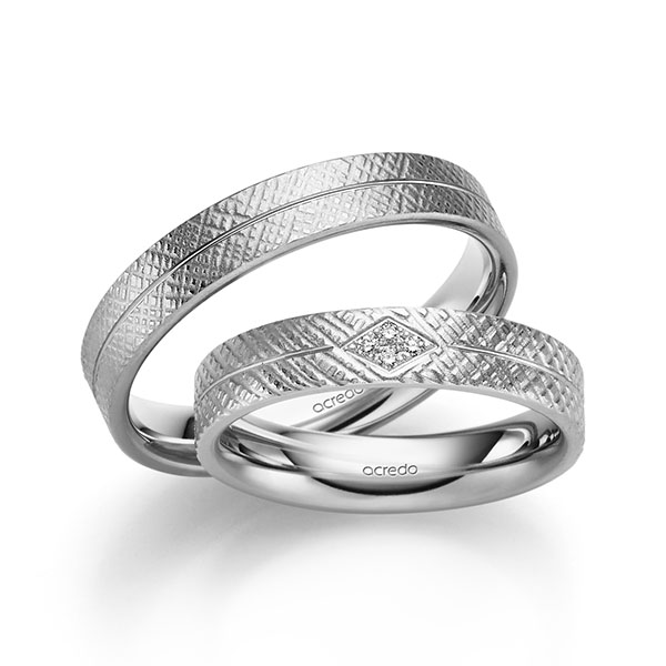 Set Klassieke trouwringen in buiten witgoud 14 kt. , binnen witgoud 14 kt. met in totaal 0,032 ct. Briljant tw/si van acredo