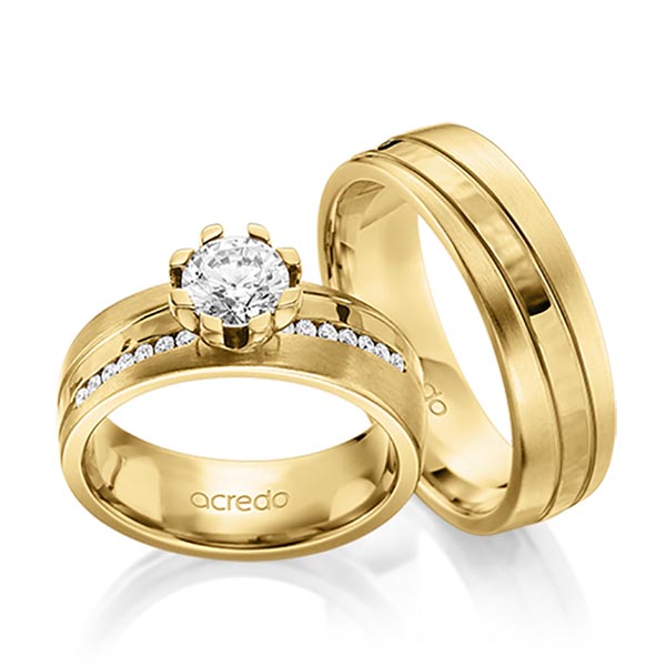 Set Klassieke trouwringen in geelgoud 14 kt. , hamerslag met 0,7 ct. + in totaal 0,14 ct. Briljant tw,vs van acredo - A-1632-5