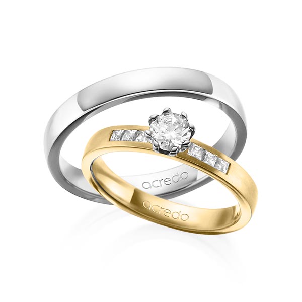 Set klassieke trouwringen in geelgoud 14 kt. met 0,4 ct. + in totaal 0,18 ct. Princess-Diamant & Briljant tw/si tw,vs van acredo - A-1379-11