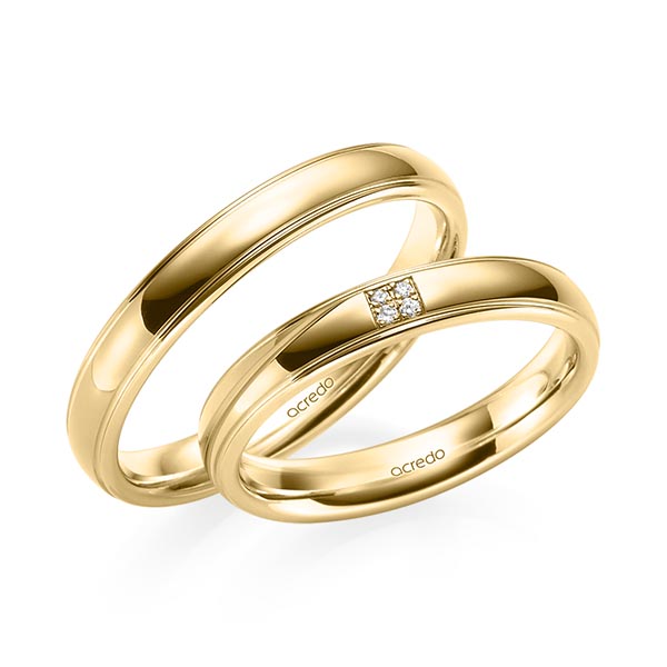 Set Klassieke trouwringen in geelgoud 14 kt. met in totaal 0,02 ct. Briljant tw/si van acredo