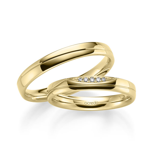 Set Klassieke trouwringen in geelgoud 14 kt. met in totaal 0,036 ct. Briljant tw/si van acredo