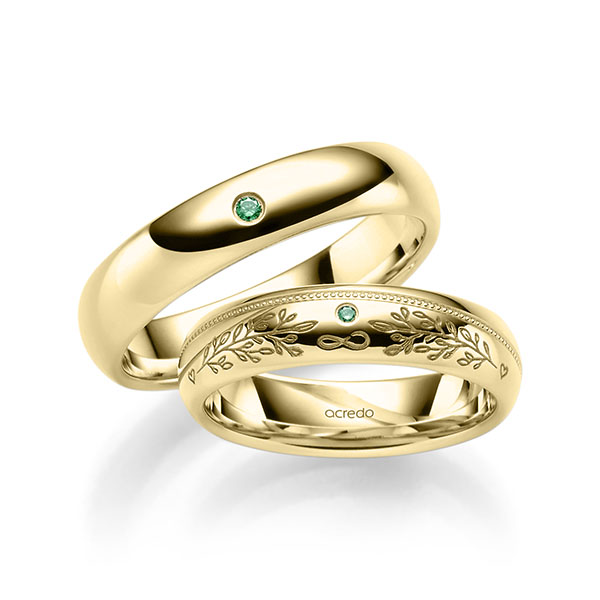 Set Klassieke trouwringen in geelgoud 14 kt. met in totaal 0,036 ct. Briljant van acredo