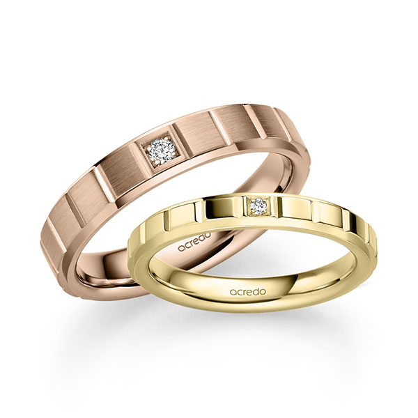Set Klassieke trouwringen in geelgoud 14 kt. met in totaal 0,05 ct. Briljant tw/si van acredo
