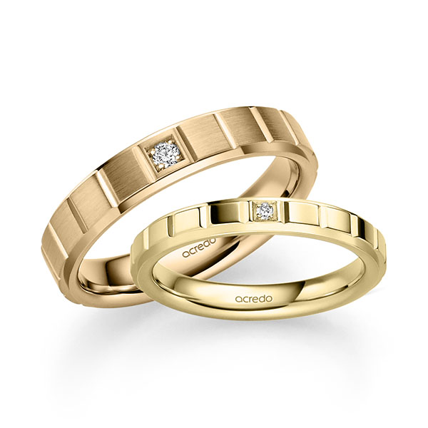 Set Klassieke trouwringen in geelgoud 14 kt. met in totaal 0,05 ct. Briljant tw/si van acredo