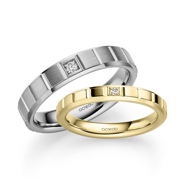 Set Klassieke trouwringen in geelgoud 14 kt. met in totaal 0,05 ct. Briljant tw/si van acredo