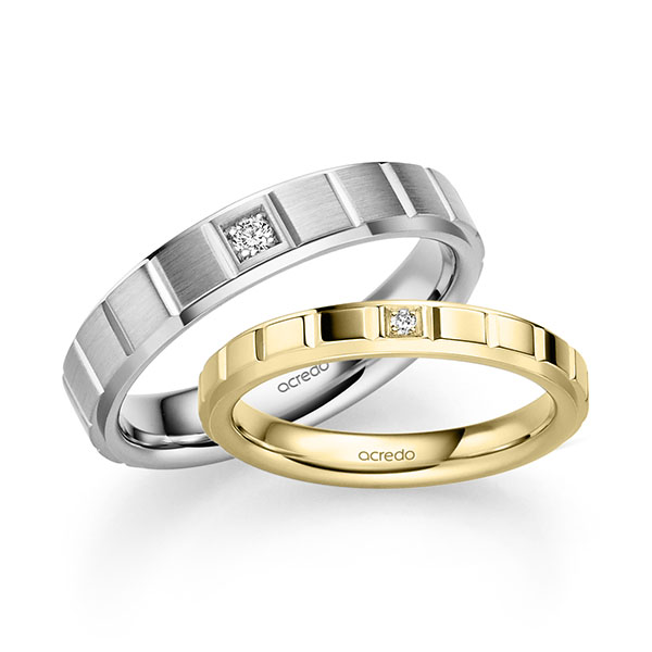 Set Klassieke trouwringen in geelgoud 14 kt. met in totaal 0,05 ct. Briljant tw/si van acredo