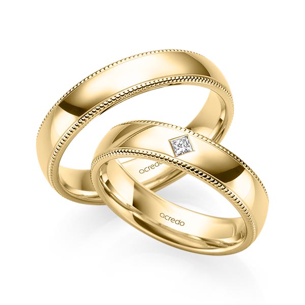 Set Klassieke trouwringen in geelgoud 14 kt. met in totaal 0,05 ct. Princess-Diamant tw/si van acredo