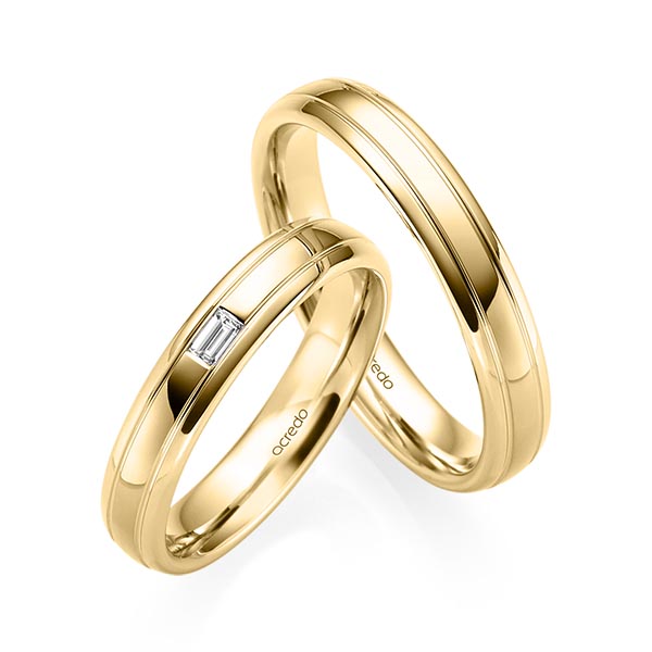 Set Klassieke trouwringen in geelgoud 14 kt. met in totaal 0,06 ct. Baguette-Diamant tw,vs van acredo