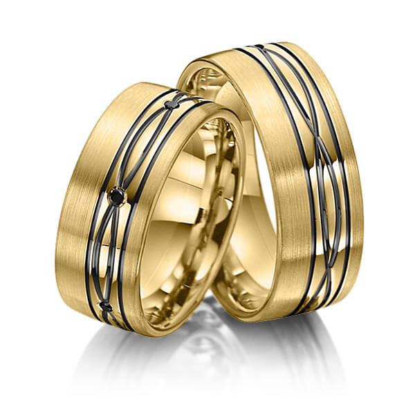 Set Klassieke trouwringen in geelgoud 14 kt. met in totaal 0,06 ct. Briljant Zwart van Merii