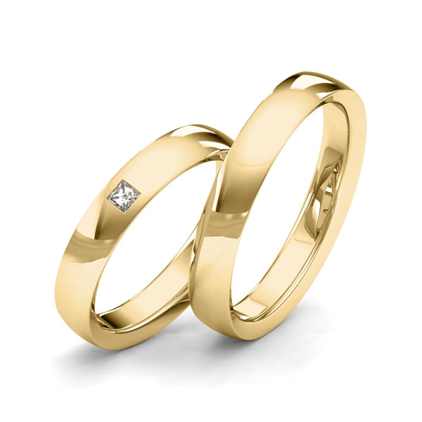Set klassieke trouwringen in geelgoud 14 kt. met in totaal 0,06 ct. Princess-Diamant tw/si van Merii