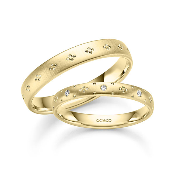 Set Klassieke trouwringen in geelgoud 14 kt. met in totaal 0,072 ct. Briljant tw,vs van acredo