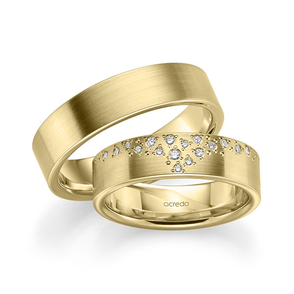Set klassieke trouwringen in geelgoud 14 kt. met in totaal 0,114 ct. Briljant tw/si van acredo - A-2194-2 Set klassieke trouwringen in geelgoud 14 kt. met in totaal 0,114 ct. Briljant tw/si van acredo - A-2194-2