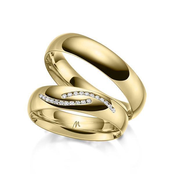 Set klassieke trouwringen in geelgoud 14 kt. met in totaal 0,11 ct. Briljant w,si van Merii - M-1284-1