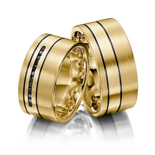 Set Klassieke trouwringen in geelgoud 14 kt. met in totaal 0,12 ct. Briljant Zwart van Merii