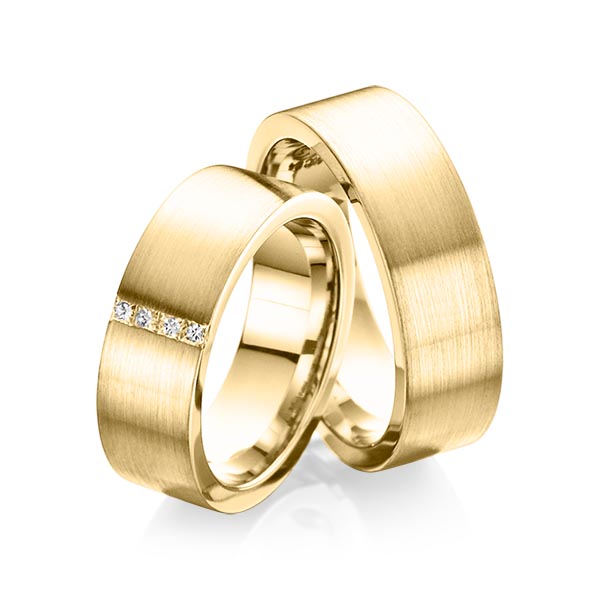 Set klassieke trouwringen in geelgoud 14 kt. met in totaal 0,12 ct. Princess-Diamant tw/si van Steinberg - Q-1077-3