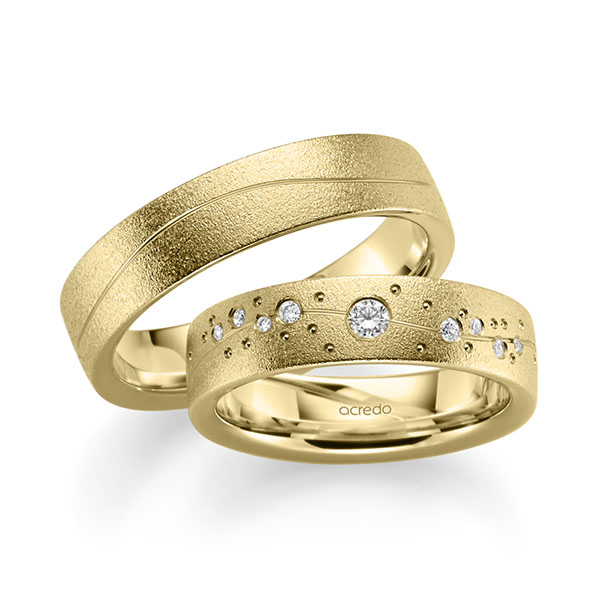 Set Klassieke trouwringen in geelgoud 14 kt. met in totaal 0,136 ct. Briljant tw/si van acredo