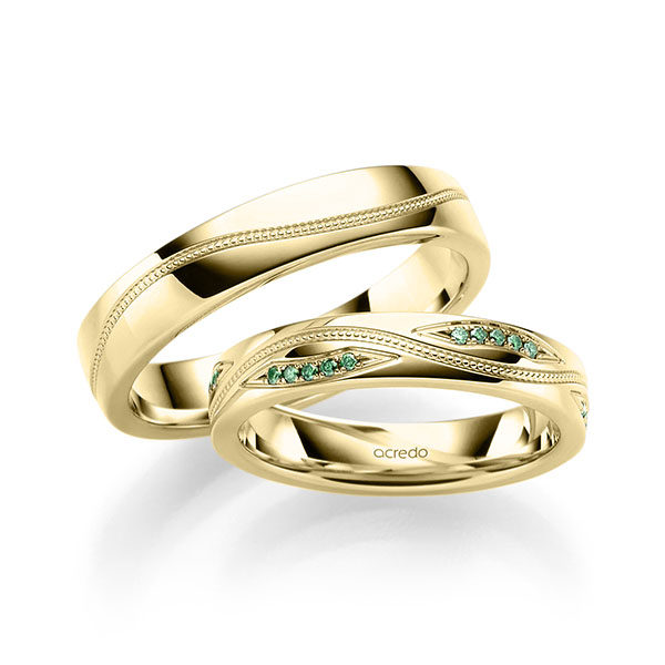 Set Klassieke trouwringen in geelgoud 14 kt. met in totaal 0,15 ct. Briljant van acredo