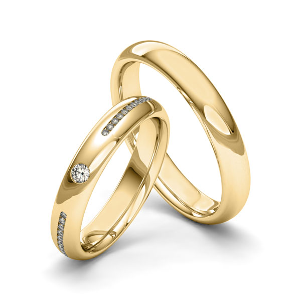 Set klassieke trouwringen in geelgoud 14 kt. met in totaal 0,16 ct. Briljant tw/si van Merii - M-1253-1 Set klassieke trouwringen in geelgoud 14 kt. met in totaal 0,16 ct. Briljant tw/si van Merii - M-1253-1