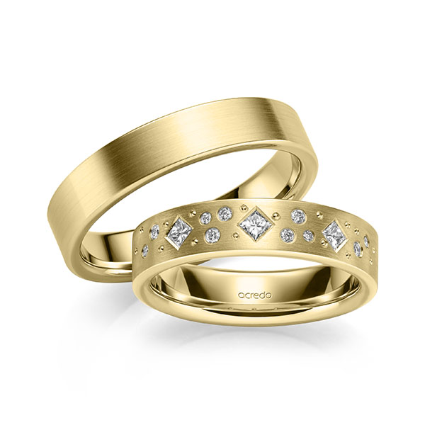 Set klassieke trouwringen in geelgoud 14 kt. met in totaal 0,226 ct. Princess-Diamant & Briljant tw/si van acredo