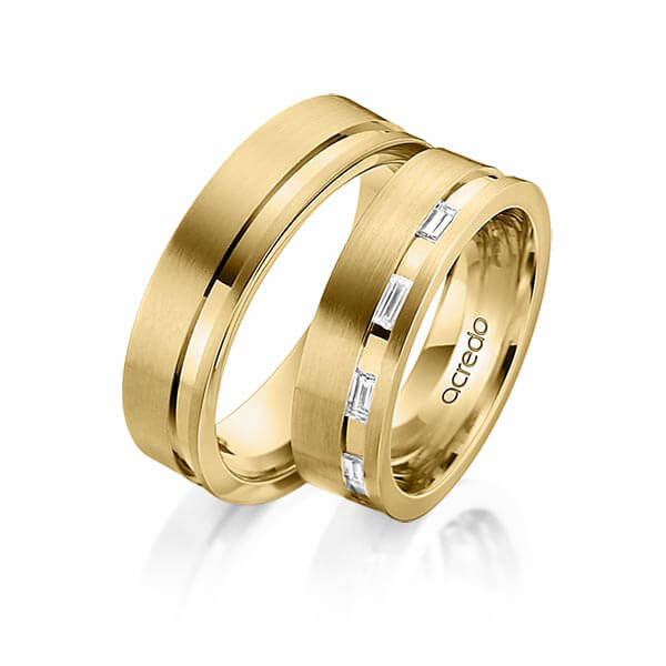 Set Klassieke trouwringen in geelgoud 14 kt. met in totaal 0,25 ct. Baguette-Diamant tw,vs van acredo