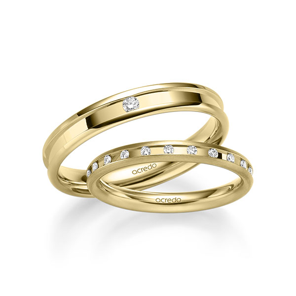 Set Klassieke trouwringen in geelgoud 14 kt. met in totaal 0,26 ct. Briljant tw/si van acredo
